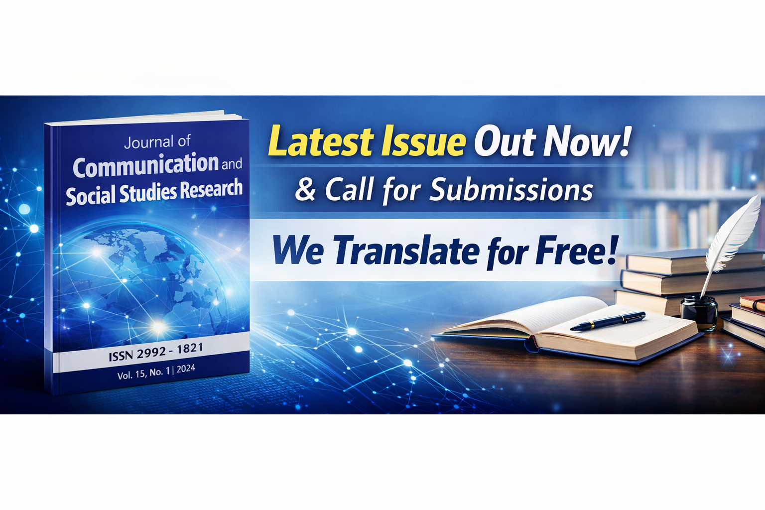 Banner for the Journal of Social and Cultural Studies latest issue. Text reads: 'Latest Issue Out Now! & Call for Submissions – We Translate for Free!' Features a 3D journal cover, open books, a quill, and a modern blue academic background